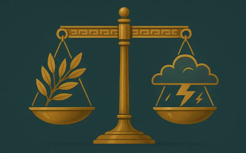 Balanced scales with laurel and storm motifs symbolizing leadership and destiny